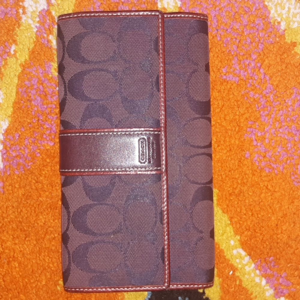 ☆COACH PURPLE BURGANDY LARGE WALLET SIGNATURE STRIPE VINTAGE